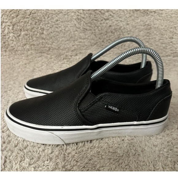 Vans Classic Slip On Perforated Leather Shoes Sneakers Black White Womens Size 7 - Picture 3 of 9